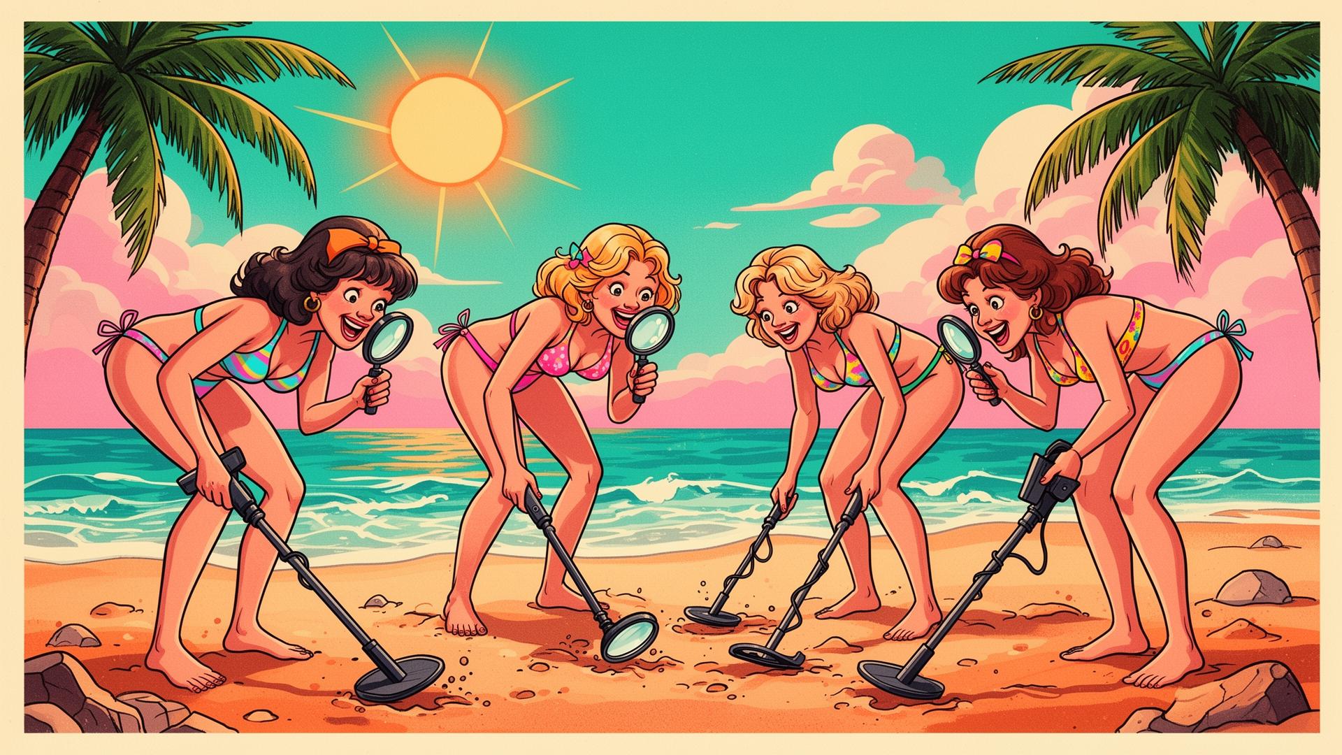 The Bikini Recovery Unit scanning a beach with metal detectors and magnifying glasses